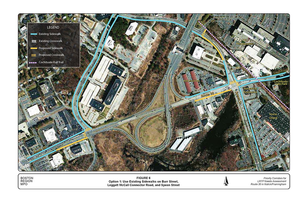 FIGURE 6. Aerial-view map that portrays MPO staff “Improvement Option 1,” which recommends upgrading existing sidewalks on Burr Street and Leggat McCall Connector Road, and adding shared-lane markings for bicyclists.
